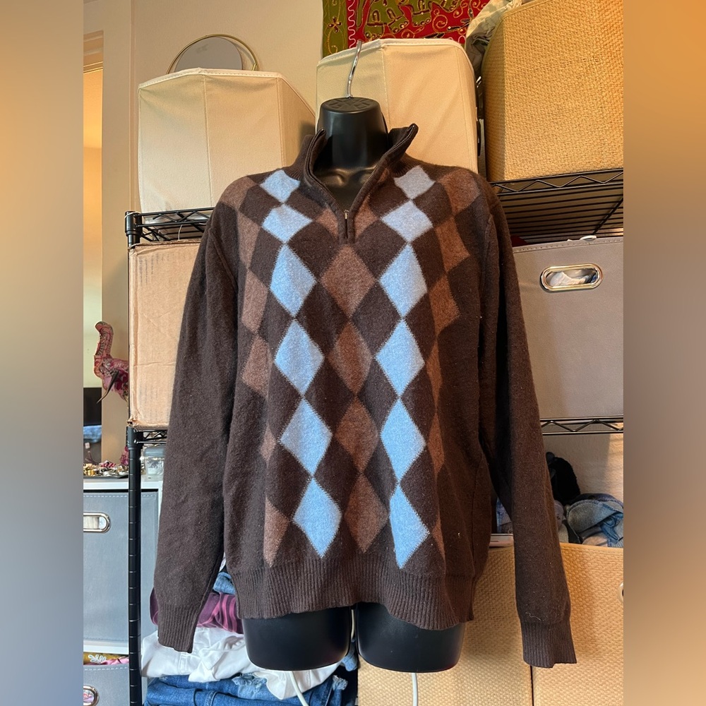 Men's Brown Argyle Half-Zip Sweater with Light Blue Diamonds